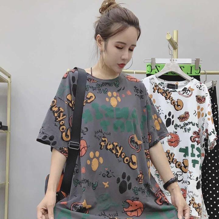 服装圆领宽松印花涂鸦T恤女韩版2020时尚学生休闲体恤衫韩潮
