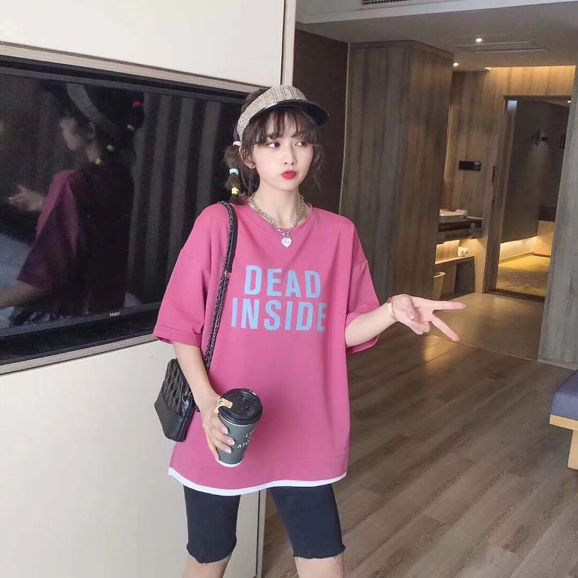 新款字母印花假两件短袖T恤女宽松简约中袖百搭上衣潮