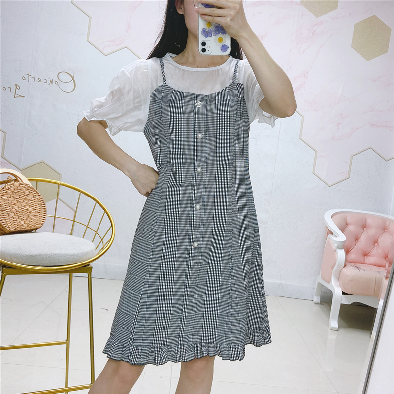 0夏季新款圆领上衣+吊带珍珠扣假两件连衣裙