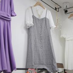 0夏季新款圆领上衣+吊带珍珠扣假两件连衣裙