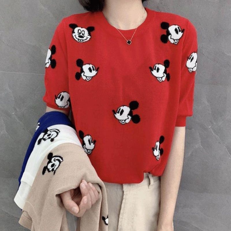 卡通米奇t恤刺绣针织衫女夏季圆领冰丝薄款宽松清新学生打底衫潮