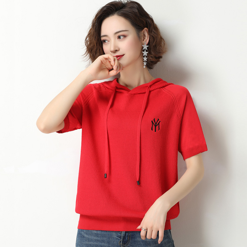 夏季宽松连帽t恤女新款大码冰丝针织衫短袖带帽卫衣薄款体恤上衣