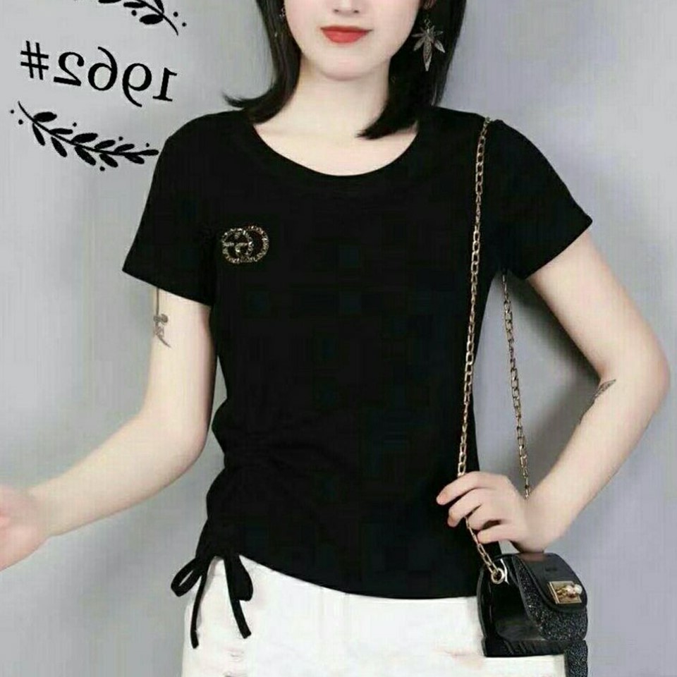 新款高腰短袖修身V领体恤抽绳上衣