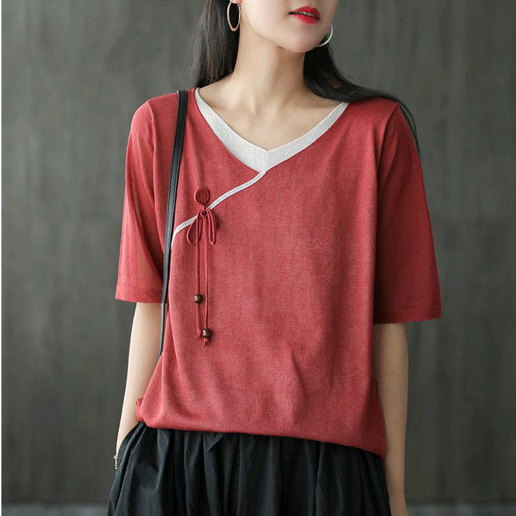 中式斜襟盘扣冰丝纱针织衫女短袖夏季复古显瘦假两件薄款打底上衣