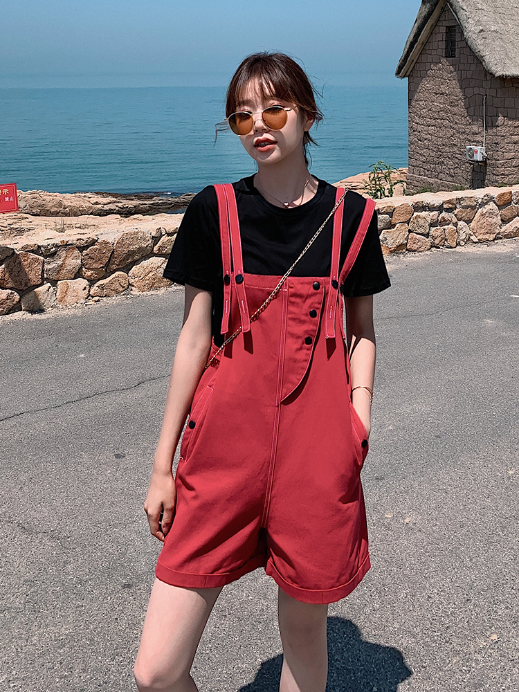 牛仔背带裤女套装阔腿连体短裤洋气减龄薄款2020夏季时尚韩版宽松