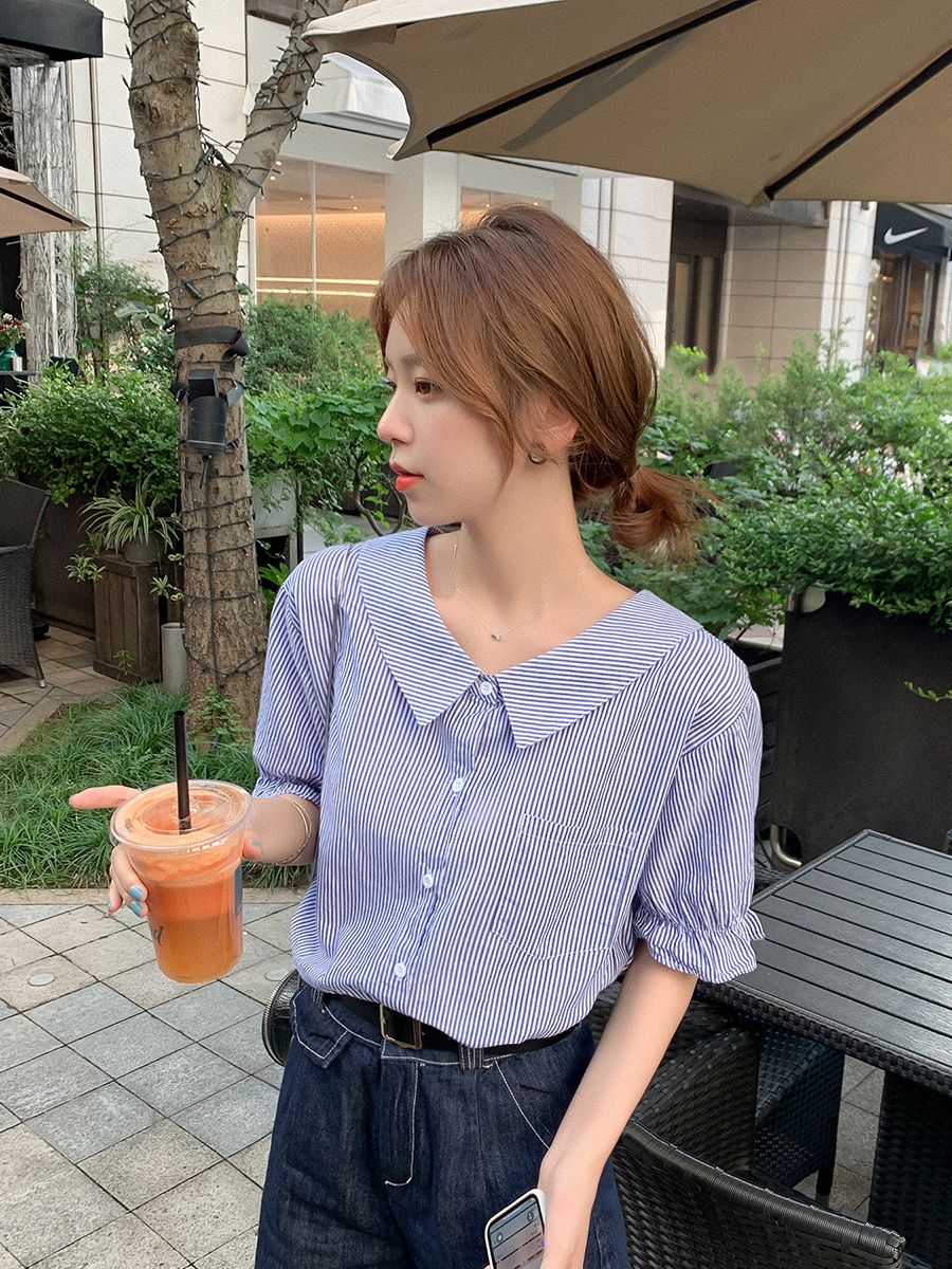 条纹衬衫女新款2020年泡泡袖设计感小众上衣小清新甜美夏装