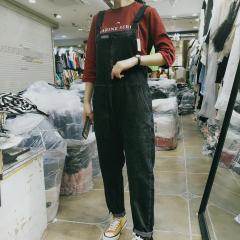 新款牛仔背带裤女黑色宽松韩版学生森女系网红减龄吊带裤