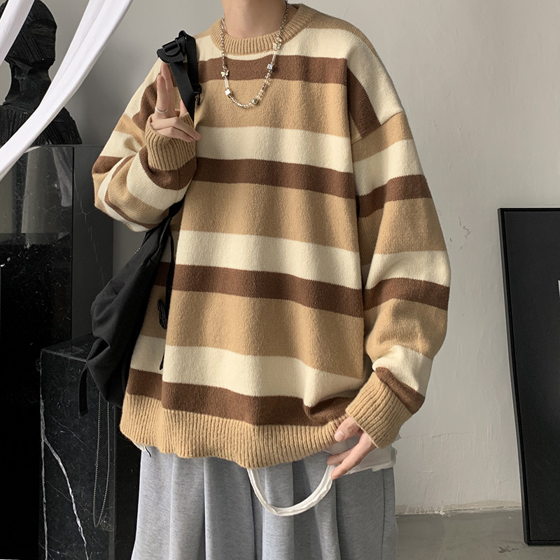 秋冬时尚新款宽松条纹加厚毛衣慵懒风针织衫男