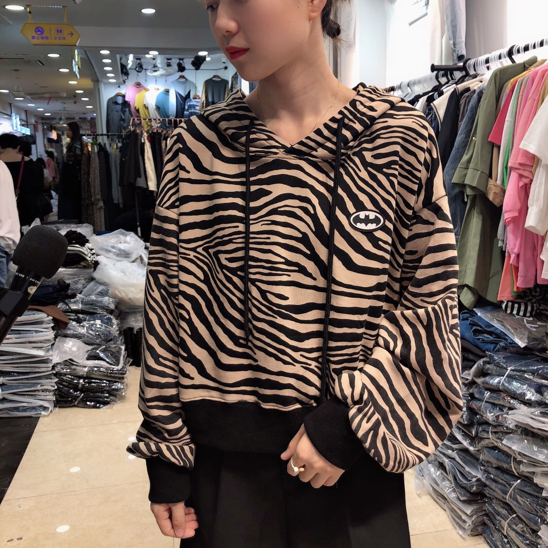 豹纹针织套头宽松毛衣连帽