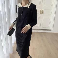Polo领拼色连衣裙女中长款过膝针织裙百搭打底裙