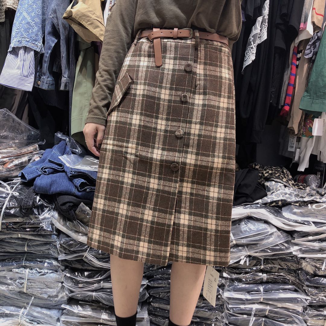 格子毛呢裙新款中长款