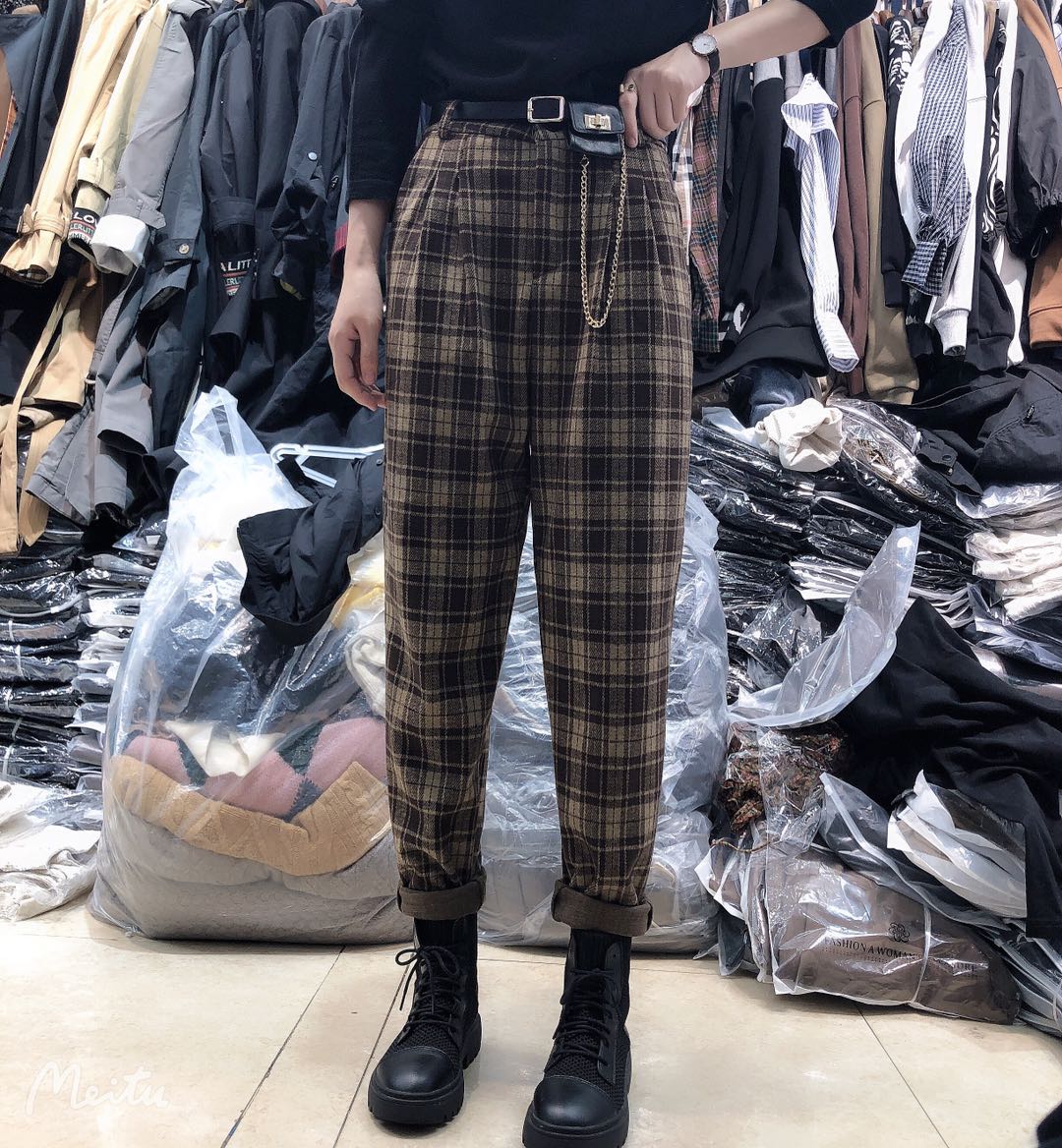 格子毛呢裤新款直筒