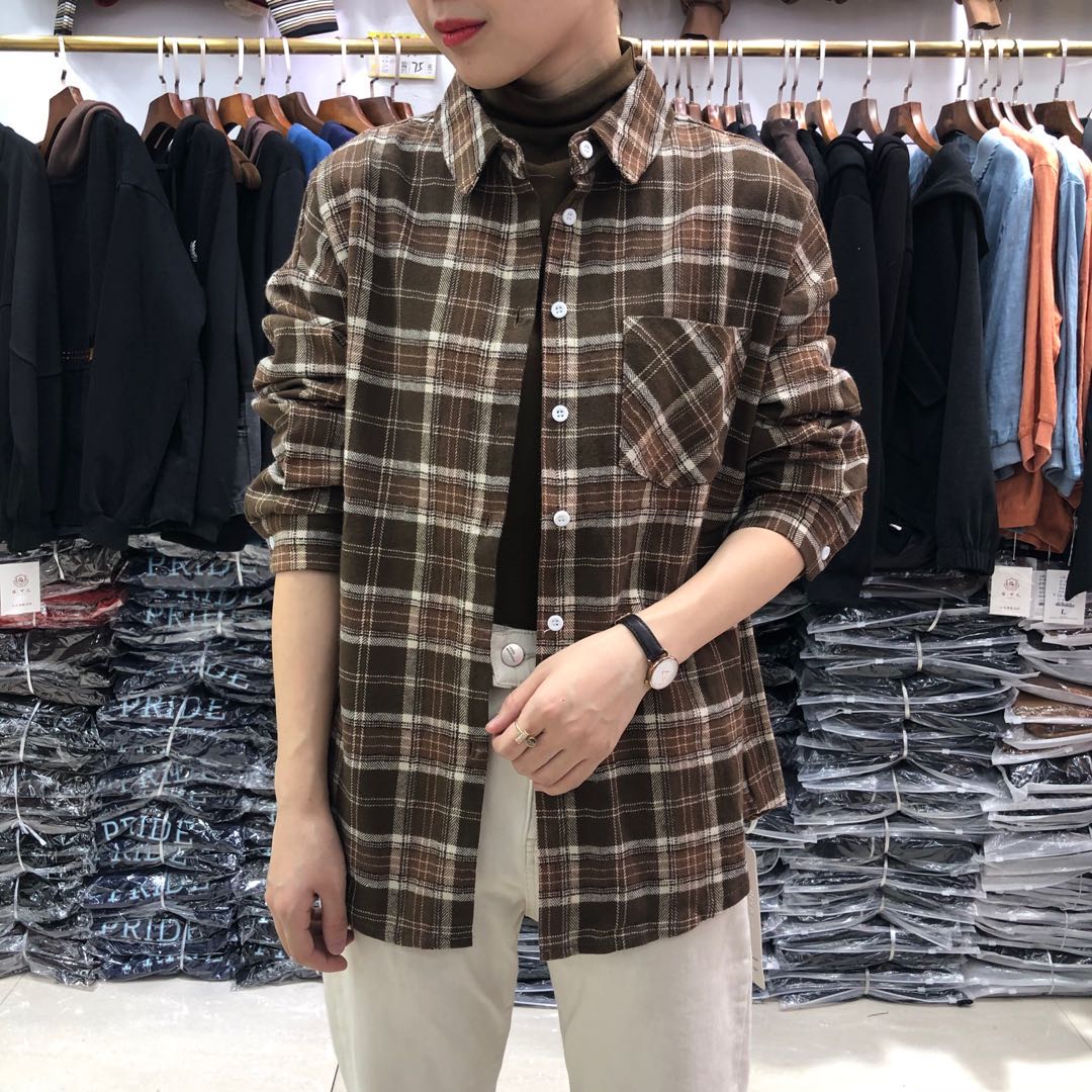 磨毛格子衬衫中长款新款