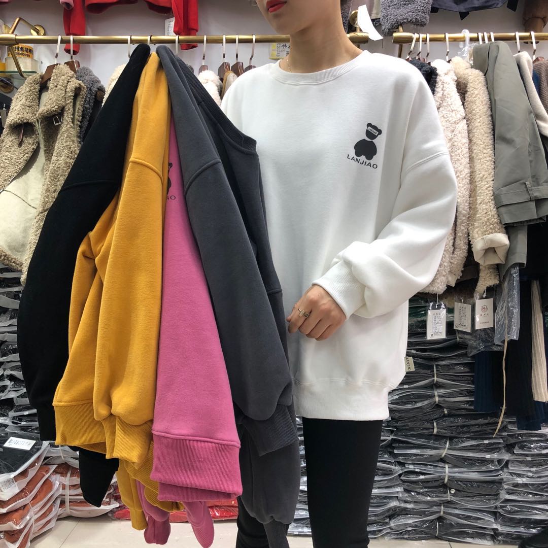 小熊图案长款纯棉卫衣加绒