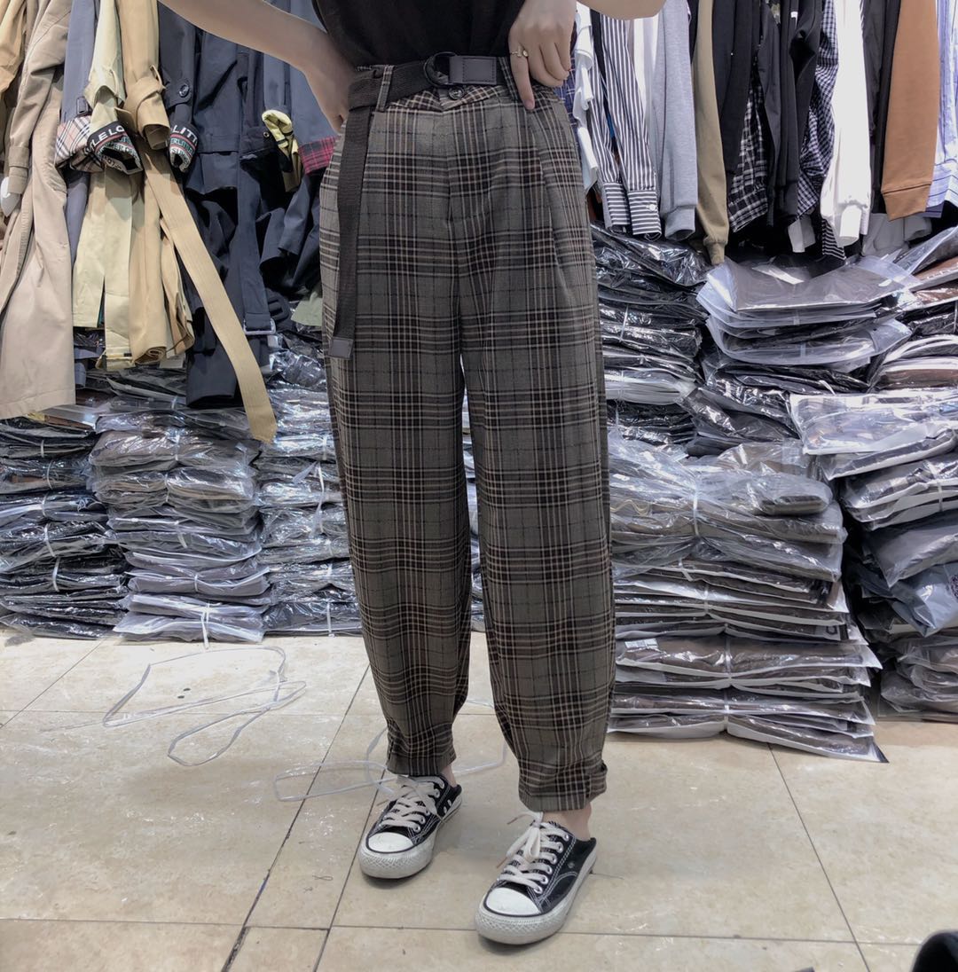 格子毛呢裤新款直筒