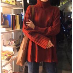 冬新款高领坑条毛衣女宽松软糯百搭堆堆领梅子色打底针织衫