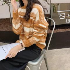新款韩版慵懒风条纹复古针织长袖毛衣