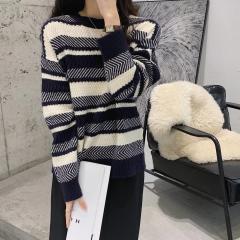 新款韩版慵懒风条纹复古针织长袖毛衣
