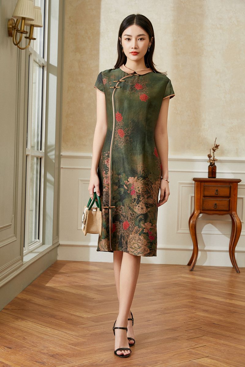 复古盘扣中长款气质妈妈改良旗袍莨绸香云纱真丝短袖桑蚕丝连衣裙