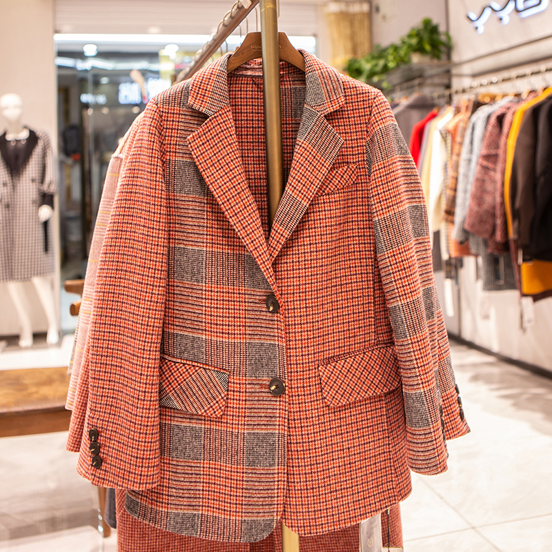 流行千鸟格西装毛呢外套女中长款