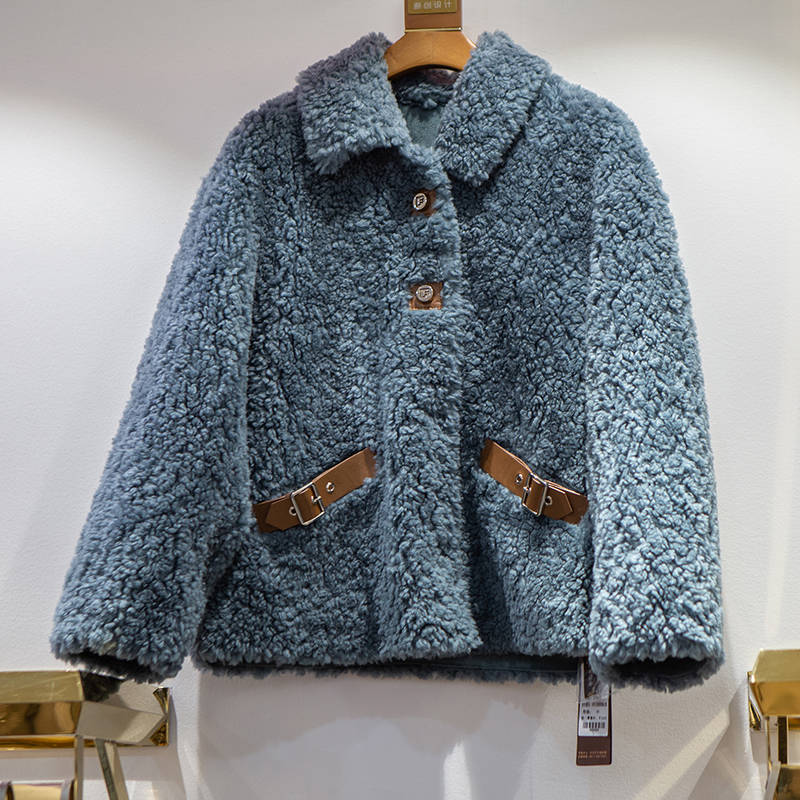 欧货拼皮塔扣口袋方领长袖羊毛颗粒皮毛一体外套