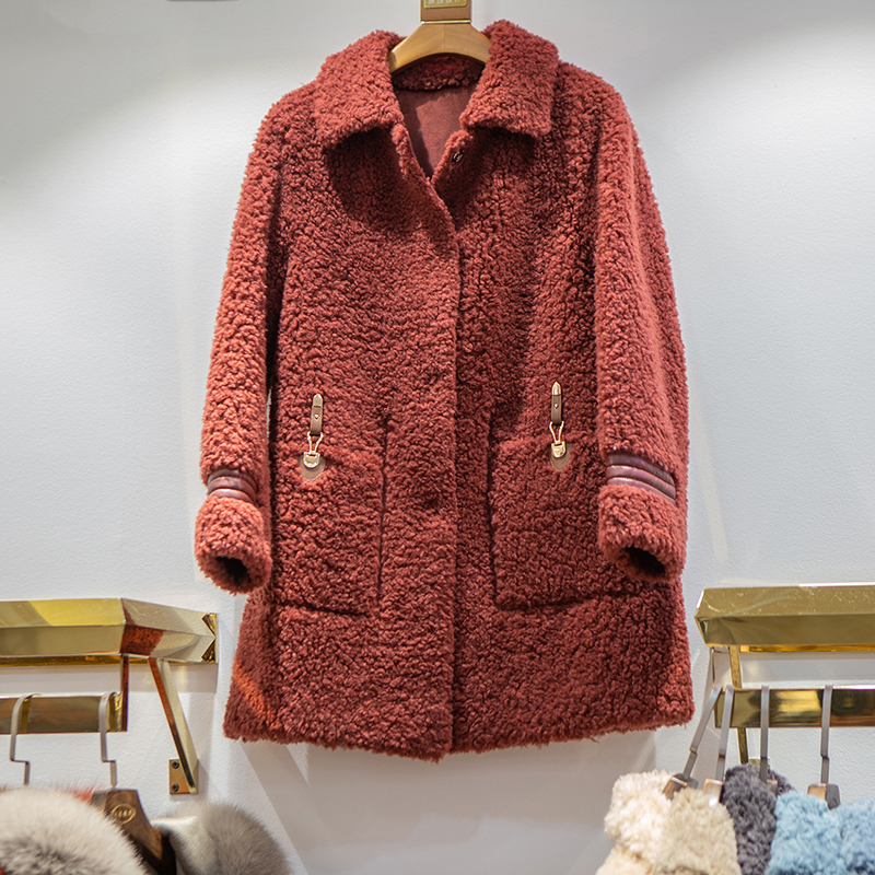 新款中长款宽松颗粒羊剪绒皮毛一体大衣冬