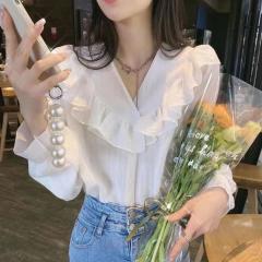春季新款V领荷叶边长袖杏色小衫潮