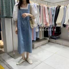 宽松显瘦口袋中长款牛仔背带裙连衣裙
