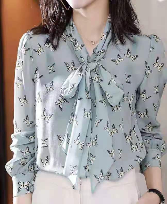 系带印花真丝衬衫女夏季薄款