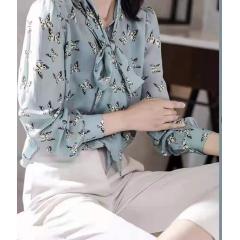 系带印花真丝衬衫女夏季薄款
