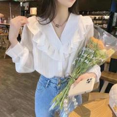 春季新款V领荷叶边长袖杏色小衫潮