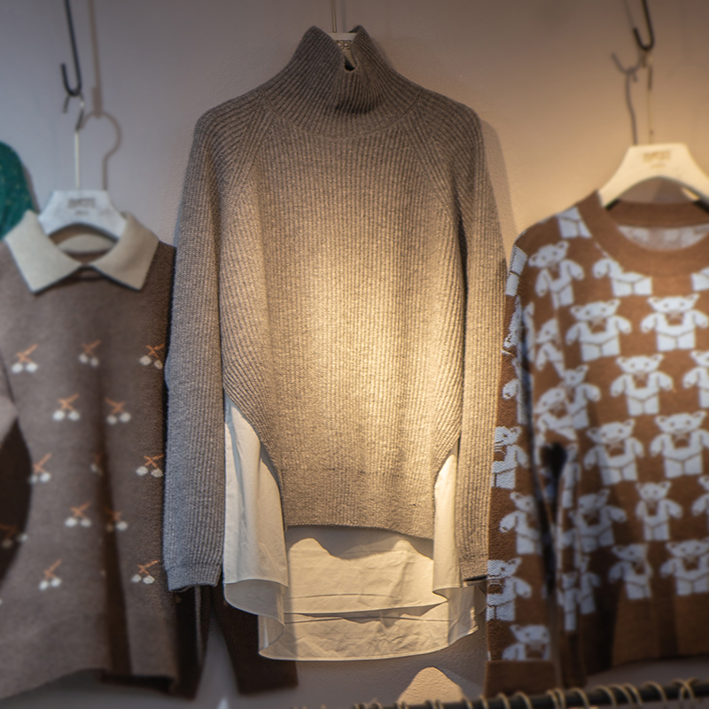 新款欧货港味chic气质假两件韩范高领毛衣针织衫