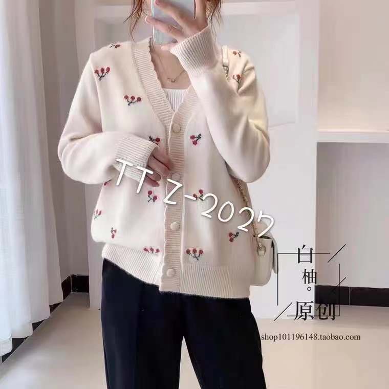 原创森系甜美波浪边V领长袖单排扣休闲樱桃长袖羊毛针织开衫外套