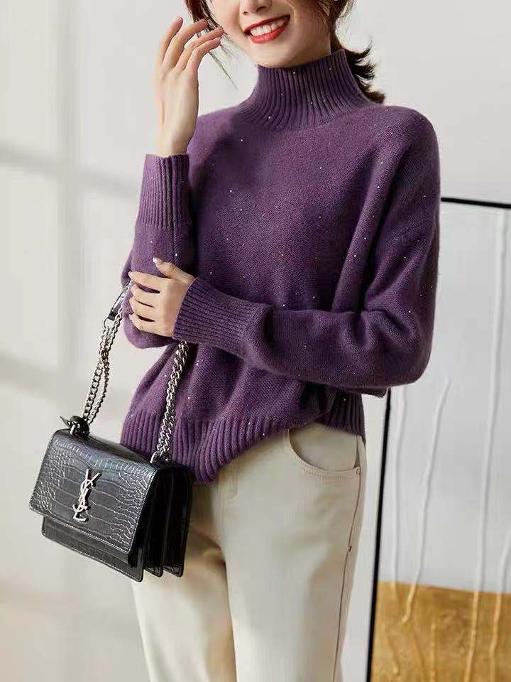紫闪闪细亮片含羊绒针织衫女半髙领套衫毛衣