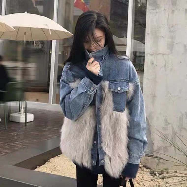 牛仔拼接皮草外套女秋冬百搭