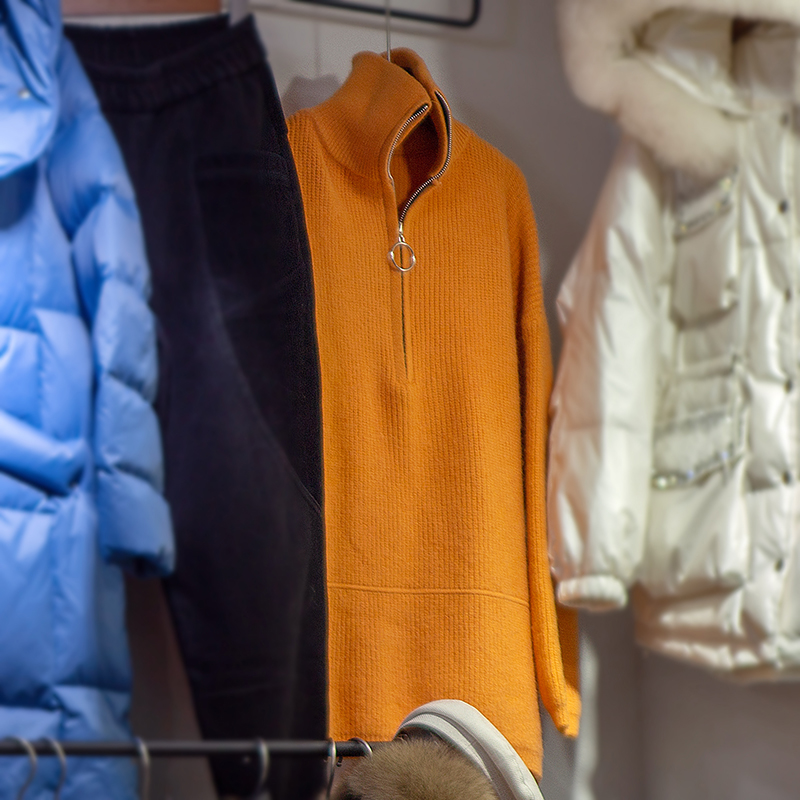 慵懒风宽松拉链高领长袖毛衣女秋冬季针织上衣