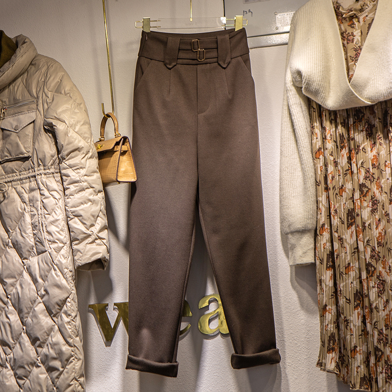 加绒高腰气质黑色毛呢西装裤女冬季小直筒百搭显瘦加厚九分烟管裤