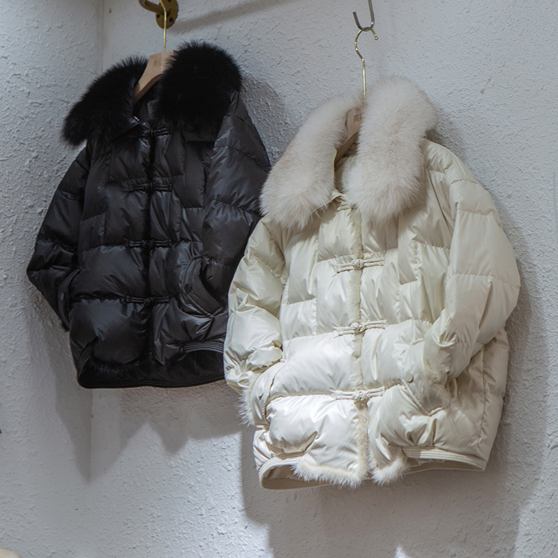 新款国风盘扣小短款真狐狸毛领冬季厚外套潮