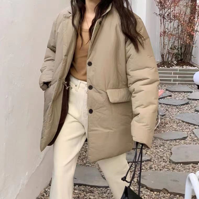 翻领宽松抽绳收腰棉服