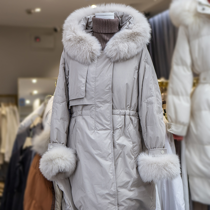 新款中长款韩版加厚大真毛领时尚羽绒外套