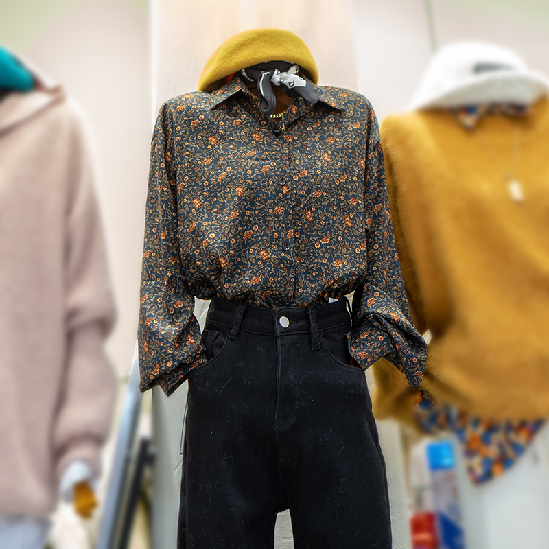 长袖女士立领碎花纯棉