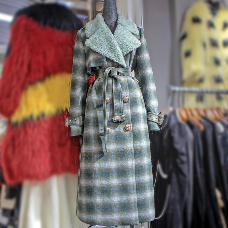 名媛淑女毛呢大衣格子双排扣过膝大翻领高品质有品位外套