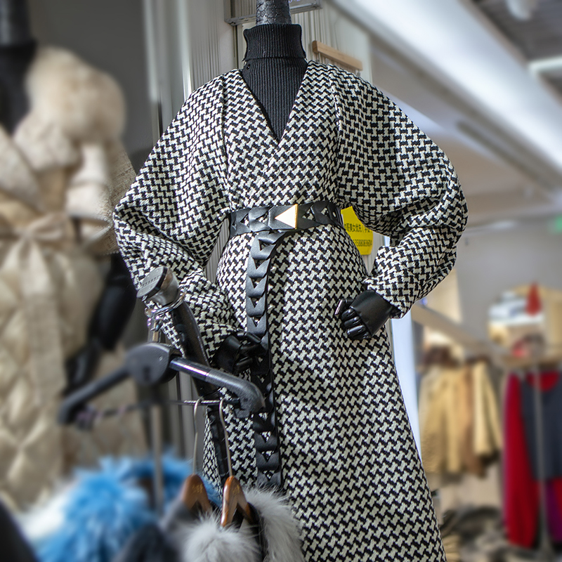 复古法式千鸟格羊毛呢外套过膝中长款收腰气质泡泡袖赫本大衣