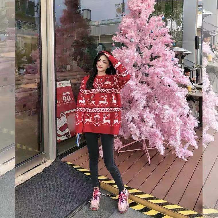 秋冬新款圣诞鹿毛衣女百搭套头提花图案针织衫上衣