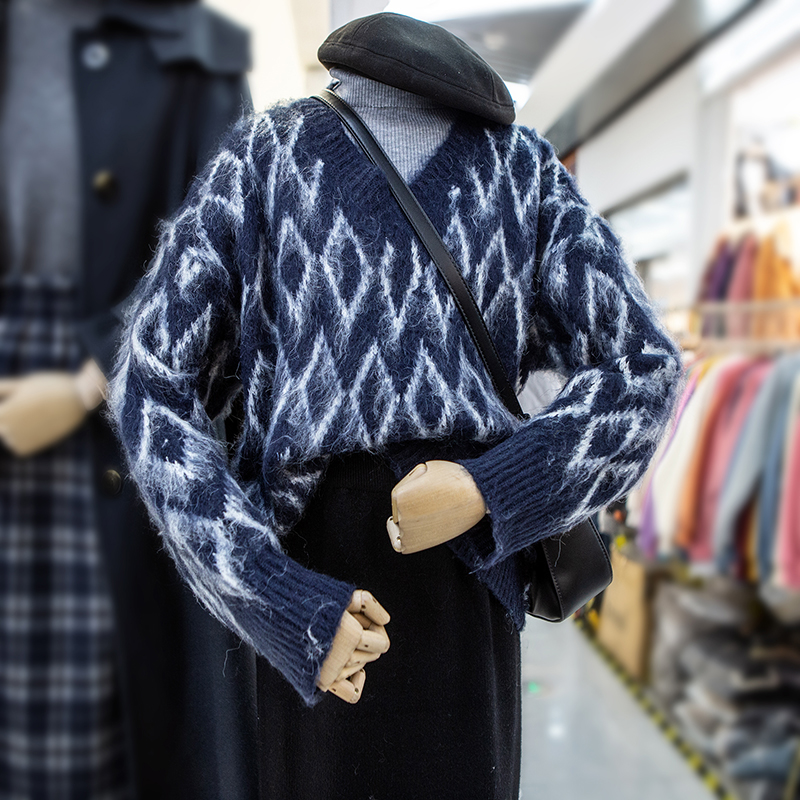 韩国东大门秋冬格子撞色百搭甜美减龄V领气质宽松韩版