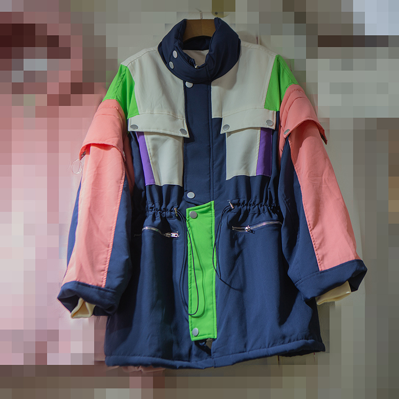 撞色棉服女中长款冬季新款欧货ins宽松时尚棉衣加绒棉袄外套