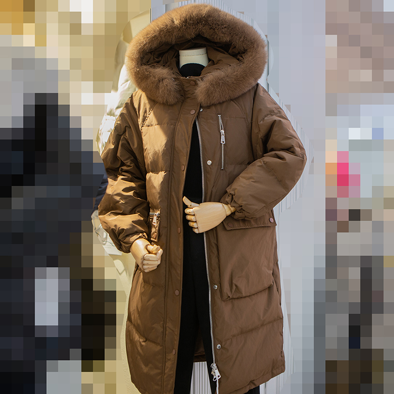 狐狸大毛领中长款羽绒服冬新款韩版加厚90白鸭绒茧型保暖外套