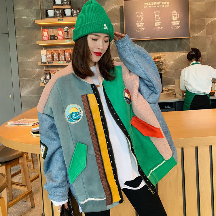 仿羊羔毛绒拼接外套女新款秋冬潮ins皮毛一体加绒加厚宽松棉衣服