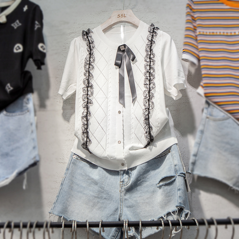 夏新款气质小香风领口蝴蝶结套头冰丝针织衫显瘦蕾丝拼接短袖上衣