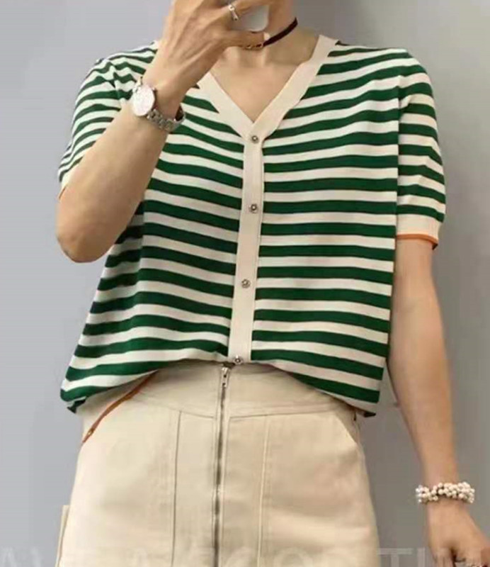 夏新款v领撞色条纹天丝棉短袖